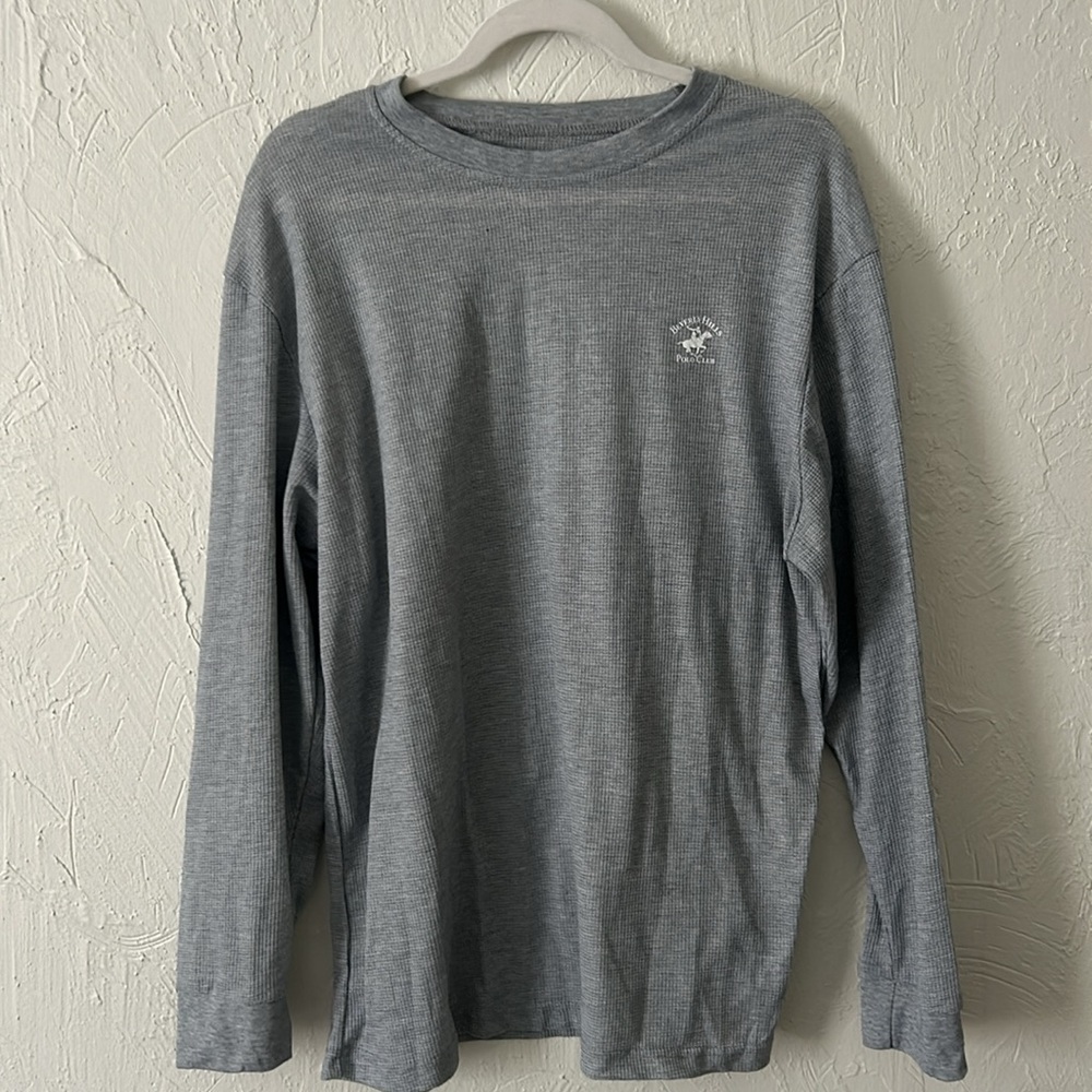 Beverly Hills Polo Club Gray Waffle Knit Long Sleeve Henley Tee